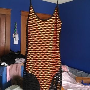 Fishnet dress w neon orange bodysuit(connected)